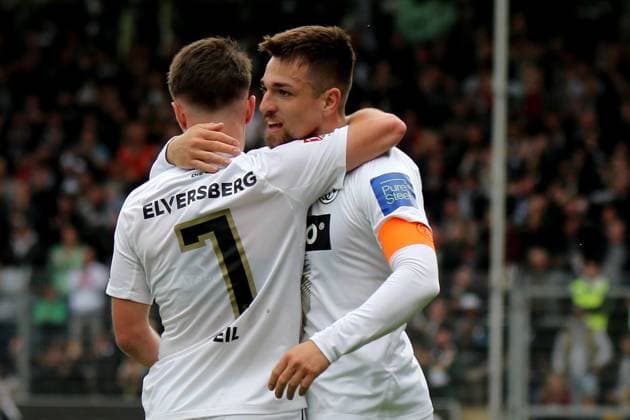 05.05.2024, xmohx, Fussball 2.Bundesliga, SV Elversberg - Hertha BSC Berlin emspor, v.l. Torjubel nach dem Tor zum celebrating the goal celebrate 1:0 durch Luca Schnellbacher (SV Elversberg) (DFL DFB REGULATIONS PROHIBIT ANY USE OF PHOTOGRAPHS as IMAGE SEQUENCES and or QUASI-VIDEO) Elversberg