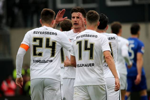 05.05.2024, xmohx, Fussball 2.Bundesliga, SV Elversberg - Hertha BSC Berlin emspor, v.l. Torjubel nach dem Tor zum celebrating the goal celebrate 1:0 durch Luca Schnellbacher (SV Elversberg) (DFL DFB REGULATIONS PROHIBIT ANY USE OF PHOTOGRAPHS as IMAGE SEQUENCES and or QUASI-VIDEO) Elversberg