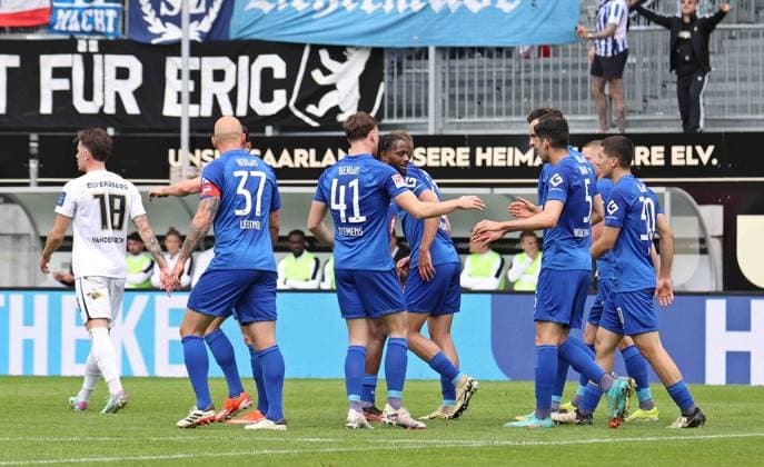 05.05.2024, Fussball, Herren, 2. Bundesliga, Saison 2023 2024, SV 07 Elversberg - Hertha BSC Berlin, Torjubel von Hertha BSC nach dem Tor zum 1:1 durch Ibrahim Maza (Hertha BSC) Elversberg Ursapharm-Arena an der Kaiserlinde Saarland Deutschland (DE)