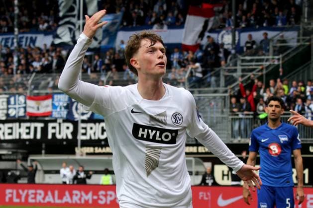 05.05.2024, xmohx, Fussball 2.Bundesliga, SV Elversberg - Hertha BSC Berlin emspor, v.l. Torjubel nach dem Tor zum celebrating the goal celebrate 3:2 durch Paul Wanner (SV Elversberg) (DFL DFB REGULATIONS PROHIBIT ANY USE OF PHOTOGRAPHS as IMAGE SEQUENCES and or QUASI-VIDEO) Elversberg