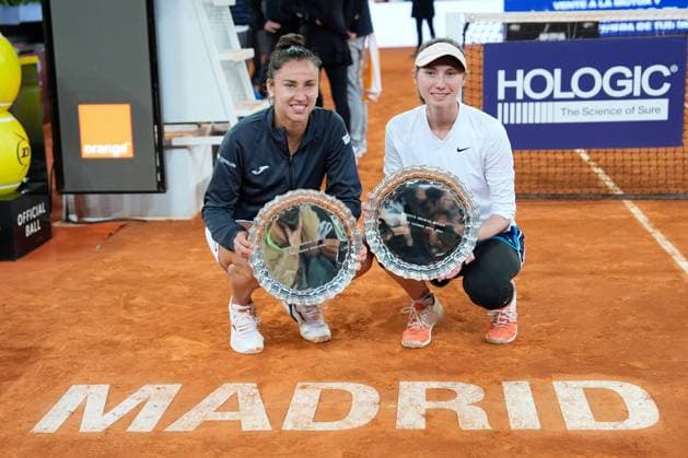 May 5, 2024, Madrid, Madrid, SPAIN: Cristina Bucsa and Sara Sorribes of Spain pose for photo with the winners trophy after winning the Final match against Laura Siegemund of Germany and Barbora Krejcikova of Czech Republic during the WTA, Tennis Damen Doubles Final of the Mutua Madrid Open 2024, ATP, Tennis Herren Masters 1000 and WTA 1000, tournament celebrated at Caja Magica on May 05, 2024 in Madrid, Spain. Madrid SPAIN - ZUMAa181 20240505_zaa_a181_100 Copyright: xOscarxJ.xBarrosox
