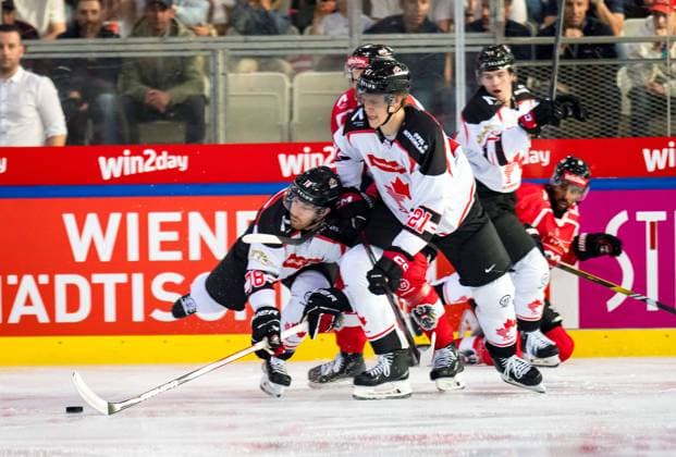 Ice hockey, Eishockey - AUT vs CAN, test match VIENNA,AUSTRIA,05.MAY.24 - ICE HOCKEY - OEEHV international test match, men, Austria vs Canada. Image shows Damon Severson and Kaiden Guhle (CAN).  GEPAxpictures xEdgarxEisner