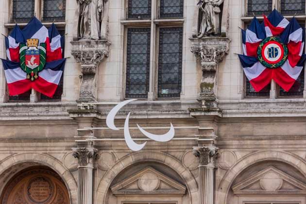 View Of Paris 2024 Olympic Games, Olympische Spiele, Olympia, OS Logo Vincent Isore IP3 ; Paris, France May 4, 2024 - The Paralympics games logo decorates the facade of the Hotel De Ville. The Paris 2024 Olympic Games will be held from July 26 to August 11, 2024, for 16 days. PARIS 2024, JEUX OLYMPIQUES, ILLUSTRATION, LOGO, GENERIQUE, PREPARATION, DECORATION, FACADE DE L HOTEL DE VILLE, JEUX PARALYMPIQUES Paris France  Copyright: xIP3xPRESS MAXPPPxVincentxIsorex IP3VISO24050421 IP3VISO24050421