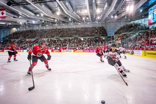 Ice hockey, Eishockey - AUT vs CAN, test match VIENNA,AUSTRIA,05.MAY.24 - ICE HOCKEY - OEEHV international test match, men, Austria vs Canada. Image shows Marco Rossi (AUT) and Ridly Greig (CAN).  GEPAxpictures xEdgarxEisner