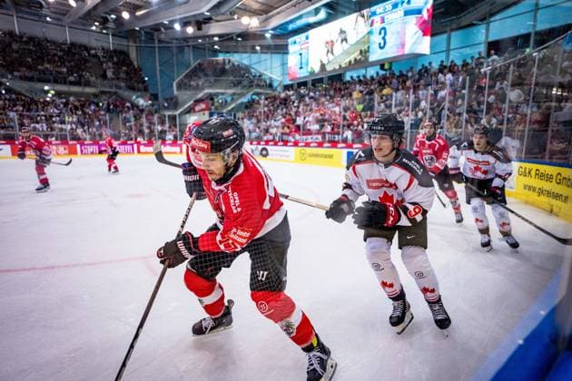 Ice hockey, Eishockey - AUT vs CAN, test match VIENNA,AUSTRIA,05.MAY.24 - ICE HOCKEY - OEEHV international test match, men, Austria vs Canada. Image shows Manuel Ganahl (AUT) and Macklin Celebrini (CAN).  GEPAxpictures xEdgarxEisner