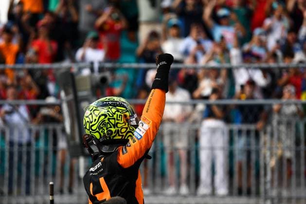 May 5, 2024, Miami, Mezzolombardo, United States: British driver LANDO NORRIS (McLaren F1 Team) celebrates after winning the 2024 FIA Formula 1 Miami Grand Prix at Miami International Autodrome in Miami, United States. Miami United States - ZUMAf150 20240505_zsp_f150_030 Copyright: xDaisyxFacinellix