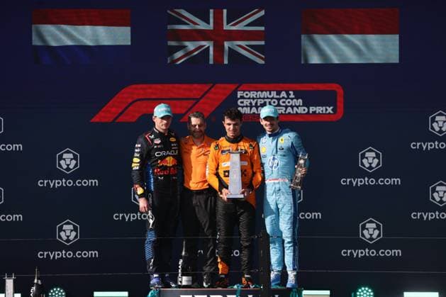 F1 Miami Grand Prix 2024 Max Verstappen of Red Bull Racing, Andrea Stella, Lando Norris of McLaren and Charles Leclerc of Ferrari at the podium after the Formula 1 Miami Grand Prix at Miami International Autodrome in Miami, United States on May 5, 2024. Miami United States  Copyright: xJakubxPorzyckix originalFilename:porzycki-f1miamig240505_npyWG.jpg