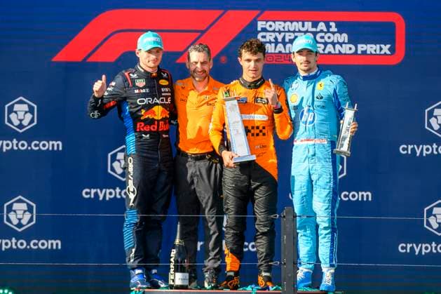 5th May 2024; Miami International Autodrome, Miami, Florida, USA; Formula 1 Crypto.com Miami Grand Prix 2024; Race Day; Oracle Red Bull Racing driver Max Verstappen of the Netherlands, McLaren team principal Andrea Stella, McLaren driver Lando Norris of the United Kingdom, and Scuderia Ferrari driver Charles Leclerc of Monaco celebrate on the podium.  ActionPlus12639313 DouglasxMurray