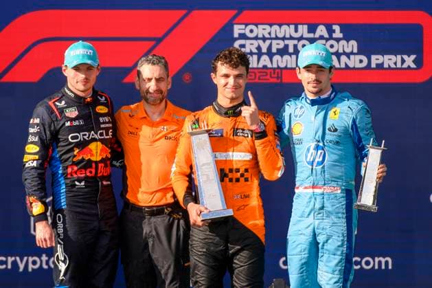 5th May 2024; Miami International Autodrome, Miami, Florida, USA; Formula 1 Crypto.com Miami Grand Prix 2024; Race Day; Oracle Red Bull Racing driver Max Verstappen of the Netherlands, McLaren team principal Andrea Stella, McLaren driver Lando Norris of the United Kingdom, and Scuderia Ferrari driver Charles Leclerc of Monaco celebrate on the podium.  ActionPlus12639314 DouglasxMurray