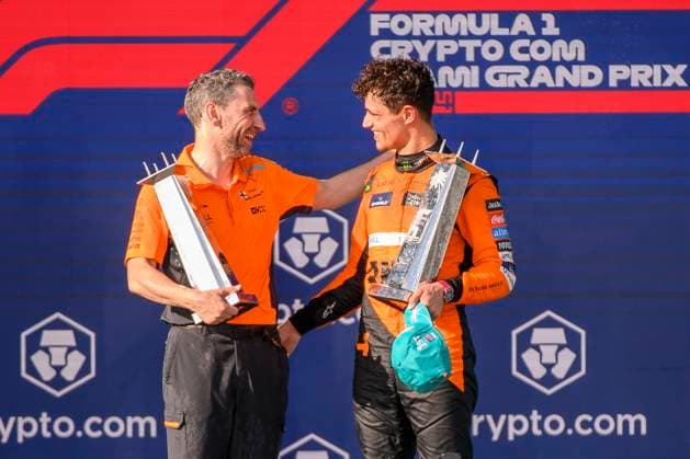 5th May 2024; Miami International Autodrome, Miami, Florida, USA; Formula 1 Crypto.com Miami Grand Prix 2024; Race Day; McLaren team principal Andrea Stella and McLaren driver Lando Norris of the United Kingdom hold their trophies as they celebrate on the podium.  ActionPlus12639318 DouglasxMurray