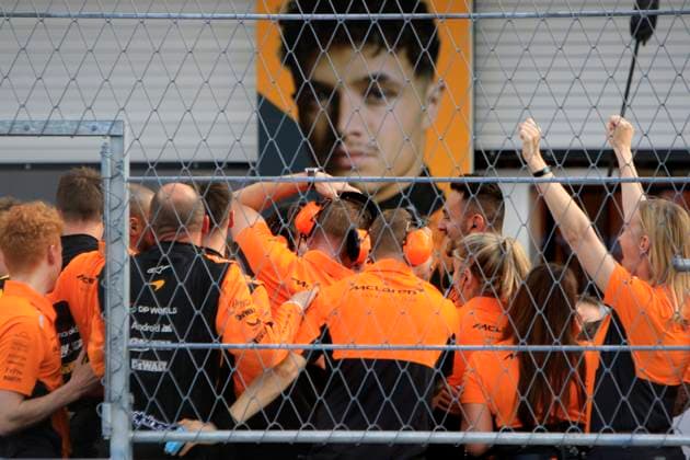 MIAMI GARDENS, FL - MAY 05: McLaren Formula 1 Team driver Lando Norris 4 of United Kingdom team celebrates during the running of the F1 Crypto.com Miami Grand Prix on May 5, 2024 at Miami International Autodrome in Miami Gardens, FL. (Photo by Jeff Robinson Icon Sportswire) AUTO: MAY 05 F1 Crypto.com Miami Grand Prix EDITORIAL USE ONLY Icon24050527821