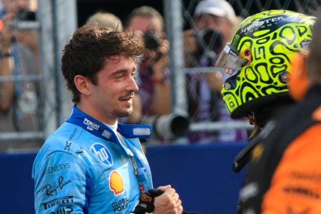 MIAMI GARDENS, FL - MAY 05: Scuderia Ferrari driver Charles Leclerc 16 of Monaco congratulates McLaren Formula 1 Team driver Lando Norris 4 of United Kingdom after the running of the F1 Crypto.com Miami Grand Prix on May 5, 2024 at Miami International Autodrome in Miami Gardens, FL. (Photo by Jeff Robinson Icon Sportswire) AUTO: MAY 05 F1 Crypto.com Miami Grand Prix EDITORIAL USE ONLY Icon24050530781