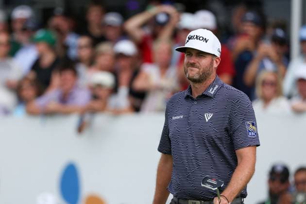 MCKINNEY, TX - MAY 05: Taylor Pendrith (CAN) reacts after missing his eagle putt on the 18th green during the final round of the PGA, Golf Herren CJ CUP Byron Nelson on May 5, 2024, at TPC Craig Ranch in McKinney, TX. (Photo by David Buono Icon Sportswire) GOLF: MAY 05 PGA CJ CUP Byron Nelson EDITORIAL USE ONLY Icon240505056