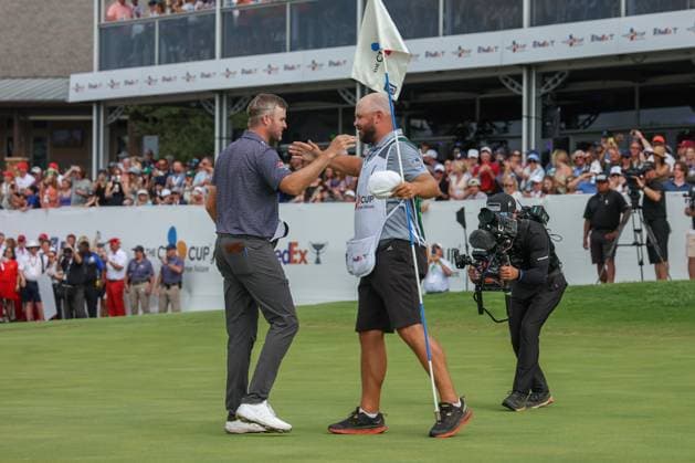 MCKINNEY, TX - MAY 05: Taylor Pendrith (CAN) goes to hug his caddie after winning the PGA, Golf Herren CJ CUP Byron Nelson on May 5, 2024, at TPC Craig Ranch in McKinney, TX. (Photo by David Buono Icon Sportswire) GOLF: MAY 05 PGA CJ CUP Byron Nelson EDITORIAL USE ONLY Icon240505063
