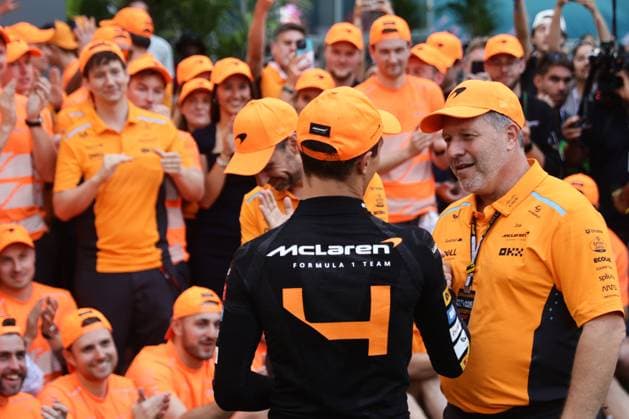 F1 Miami Grand Prix 2024 Lando Norris of McLaren and Zak Brown celebrate with the team after the Formula 1 Miami Grand Prix at Miami International Autodrome in Miami, United States on May 5, 2024. Miami United States  Copyright: xJakubxPorzyckix originalFilename:porzycki-f1miamig240505_npyuo.jpg