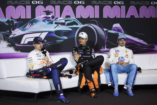 VERSTAPPEN Max (ned), Red Bull Racing RB20, portrait, NORRIS Lando (gbr), McLaren F1 Team MCL38, portrait and LECLERC Charles (mco), Scuderia Ferrari HP SF-24, portrait during the Formula 1 Crypto.com Miami Grand Prix 2024, 6th round of the 2024 Formula One World Championship, WM, Weltmeisterschaft from May 3 to 5, 2024 on the Miami International Autodrome, in Miami, United States of America - F1 - MIAMI GRAND PRIX 2024 DPPI Panoramic 240506_R06_MIAMI_DP_EA013059