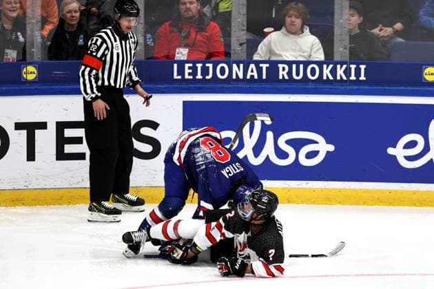 xxkeikkaxx 20240505 Espoo Jääkiekon U18 MM-kisat USA - Kanada. Kuvassa Teddy Stiga ja Keshawn Aitcheson Tomi Natri All Over Press