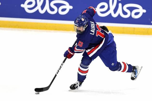 xxkeikkaxx 20240505 Espoo Jääkiekon U18 MM-kisat USA - Kanada. Kuvassa Sam Laurila laukoo Tomi Natri All Over Press