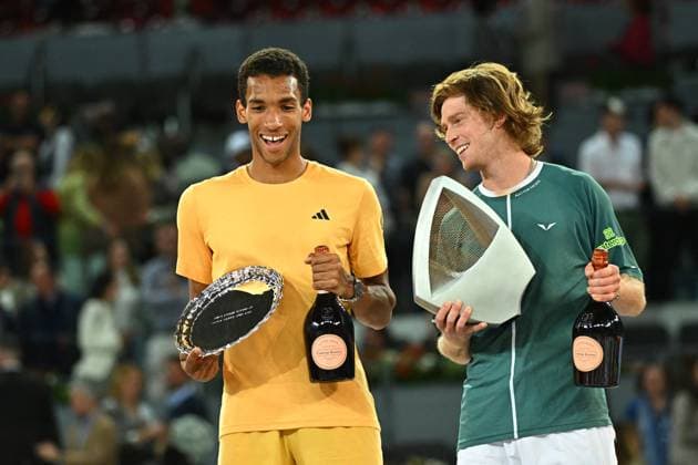 Andrey Rublev Wins Mutua Open - Madrid Andrey Rublev (RUS) wins the men final match at the Mutua Madrid Open in Madrid , Spain, on May, 5, 2024. Photo by Corinne Dubreuil ABACAPRESS.COM Madrid Spain  Copyright: xDubreuilxCorinne ABACAx