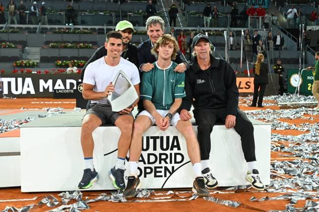 Andrey Rublev Wins Mutua Open - Madrid Andrey Rublev (RUS) wins the men final match at the Mutua Madrid Open in Madrid , Spain, on May, 5, 2024. Photo by Corinne Dubreuil ABACAPRESS.COM Madrid Spain  Copyright: xDubreuilxCorinne ABACAx