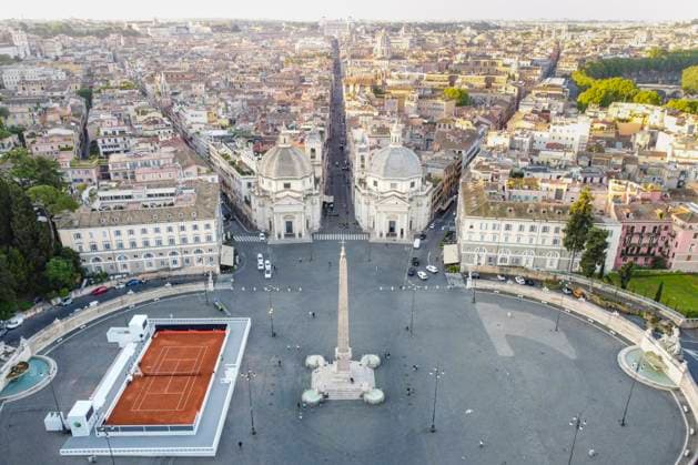 Sport Themen der Woche KW19 Sport Bilder des Tages Italian Open tennis tournament: Rome sets up a red clay tennis court in Italy - 06 May 2024 (EDITOR S NOTE: Image taken by a drone) Aerial view of Piazza del Popolo. Rome is preparing for the Italian Open tennis tournament - Internazionali BNL d Italia, by setting up a red clay court in the central Piazza del Popolo. Rome Italy Copyright: xStefanoxCostantinox xSOPAxImagesx SCOSTANTINO_24CRO1262