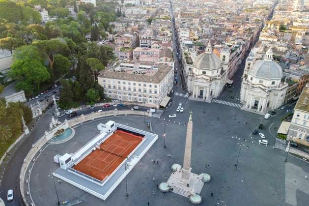 Italian Open tennis tournament: Rome sets up a red clay tennis court in Italy - 06 May 2024 (EDITOR S NOTE: Image taken by a drone) Aerial view of Piazza del Popolo. Rome is preparing for the Italian Open tennis tournament - Internazionali BNL d Italia, by setting up a red clay court in the central Piazza del Popolo. Rome Italy Copyright: xStefanoxCostantinox xSOPAxImagesx SCOSTANTINO_24CRO1263