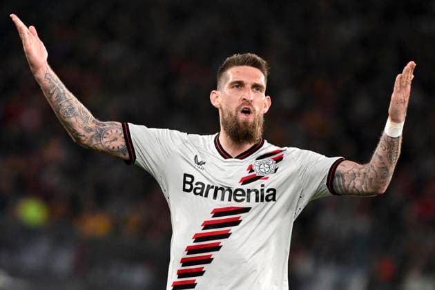 Robert Andrich of Bayer Leverkusen celebrates after scoring the goal of 0-2 during the Europa League football match between AS Roma and Bayer Leverkusen at Olimpico stadium in Rome (Italy), May 2nd, 2024. AndreaxStaccioli