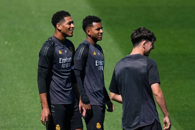 May 7, 2024, Valdebebas, Madrid, SPAIN: Jude Bellingham and Rodrygo Goes during the training day of Real Madrid prior the UEFA Champions League, Semi Final round 2, football match to play against FC Bayern Munich at Ciudad Deportiva Real Madrid on May 07, 2024 in Valdebebas, Madrid, Spain. Valdebebas SPAIN - ZUMAa181 20240507_zaa_a181_025 Copyright: xOscarxJ.xBarrosox