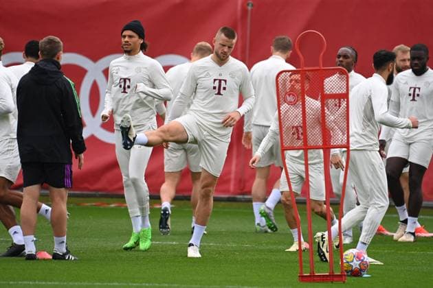 v.li:Leroy SANE (Bayern Muenchen), Matthijs DE LIGT (Bayern Muenchen),Aktion. Abschlusstraining am 07.05.2024 vor dem Fussball Champions League Halbfinale Real Madrid - FC Bayern Muenchen am 08.05.2024.