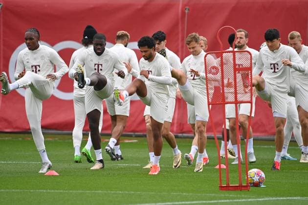 v.li:Mathys TEL (FCB), Dayot UPAMECANO (Bayern Muenchen), Serge GNABRY (FC Bayern Muenchen), Joshua KIMMICH (Bayern Muenchen), Harry KANE (Bayern Muenchen), Minjae KIM (FC Bayern Muenchen). Abschlusstraining am 07.05.2024 vor dem Fussball Champions League Halbfinale Real Madrid - FC Bayern Muenchen am 08.05.2024.