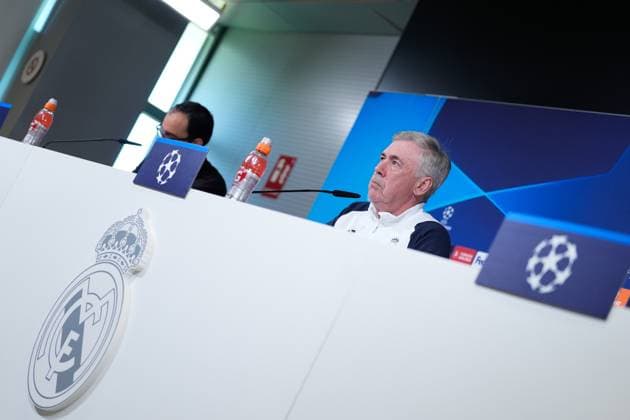 May 7, 2024, Valdebebas, Madrid, SPAIN: Carlo Ancelotti attends his press conference, PK, Pressekonferenz during the training day of Real Madrid prior the UEFA Champions League, Semi Final round 2, football match to play against FC Bayern Munich at Ciudad Deportiva Real Madrid on May 07, 2024 in Valdebebas, Madrid, Spain. Valdebebas SPAIN - ZUMAa181 20240507_zaa_a181_029 Copyright: xOscarxJ.xBarrosox