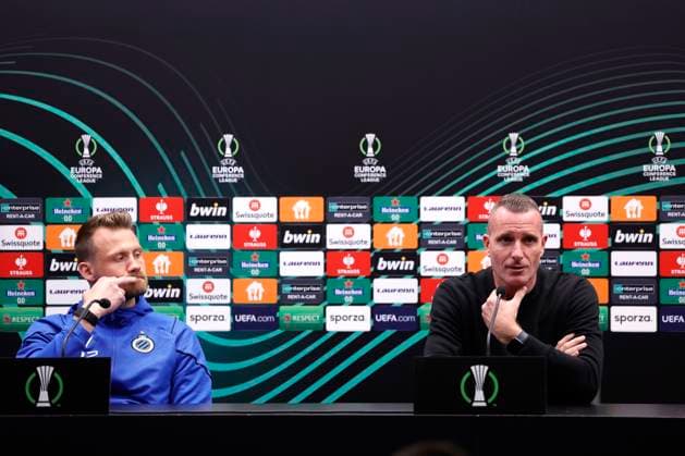 Club Brugge v Fiorentina - UEFA Europa Conference League - media activities BRUGGE, BELGIUM - MAY 07 : Mignolet Simon goalkeeper and Hayen Nicky head coach of Club Brugge pictured during a press conference, PK, Pressekonferenz prior to the UEFA Europa Conference League semi-finals 2nd leg match between Club Brugge and Fiorentina at the training grounds on May 7, 2024 in Brugge, Belgium, 07 05 2024 Brugge Belgium  Copyright: xJanxDexMeuleneirx