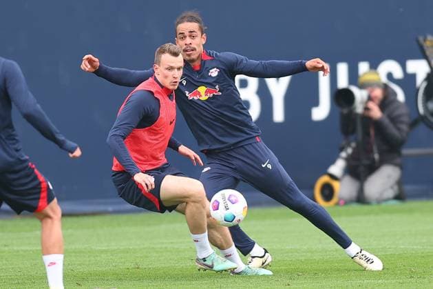 RB Leipzig Training 1. Bundesliga Leipzig, 07.05.2024, Trainingszentrum am Cottaweg, Saison 2023 2024, Fußball, Männer, 1. Bundesliga , RB Leipzig Training , Im Bild: Lukas Klostermann und Yussuf Poulsen ,