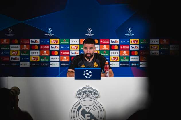 Uefa Champions League 2024: Real Madrid Real Madrid Training Session and press conference, PK, Pressekonferenz MADRID, SPAIN - MAY 7: Daniel Carvajal of Real Madrid speaks during Real Madrid Training Session and Press Conference ahead of their UEFA Champions League semi-final second leg match against FC Bayern Munchen at Ciudad Real Madrid on May 7, 2024 in Valdebebas, Spain. Valdebebas Ciudad Real Madrid Madrid Spain Copyright: xAlbertoxGardinx AGardin_20240507_football_Champions_League_Real_Madrid_Press_Conference_316
