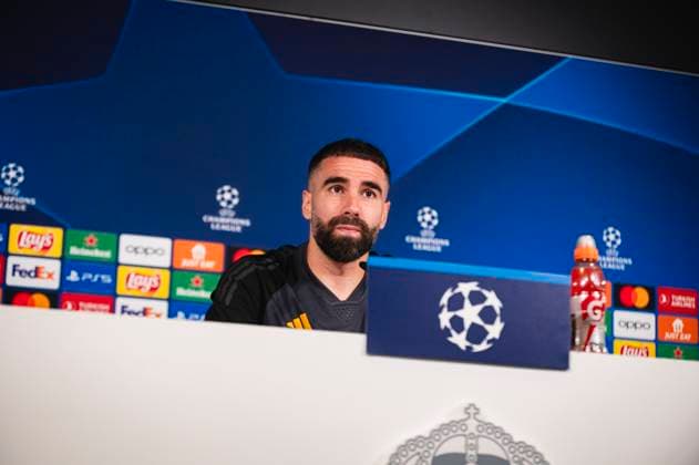 Uefa Champions League 2024: Real Madrid Real Madrid Training Session and press conference, PK, Pressekonferenz MADRID, SPAIN - MAY 7: Daniel Carvajal of Real Madrid speaks during Real Madrid Training Session and Press Conference ahead of their UEFA Champions League semi-final second leg match against FC Bayern Munchen at Ciudad Real Madrid on May 7, 2024 in Valdebebas, Spain. Valdebebas Ciudad Real Madrid Madrid Spain Copyright: xAlbertoxGardinx AGardin_20240507_football_Champions_League_Real_Madrid_Press_Conference_322