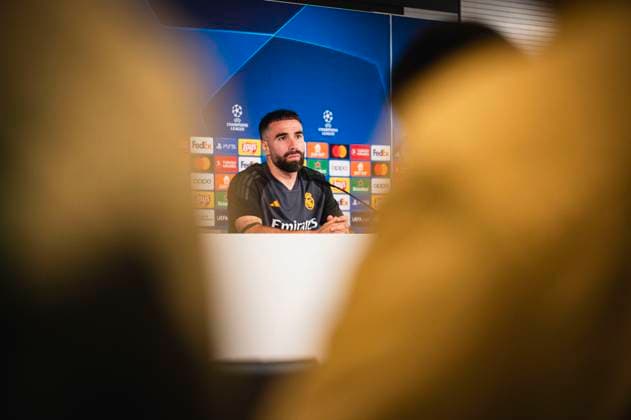 Uefa Champions League 2024: Real Madrid Real Madrid Training Session and press conference, PK, Pressekonferenz MADRID, SPAIN - MAY 7: Daniel Carvajal of Real Madrid speaks during Real Madrid Training Session and Press Conference ahead of their UEFA Champions League semi-final second leg match against FC Bayern Munchen at Ciudad Real Madrid on May 7, 2024 in Valdebebas, Spain. Valdebebas Ciudad Real Madrid Madrid Spain Copyright: xAlbertoxGardinx AGardin_20240507_football_Champions_League_Real_Madrid_Press_Conference_328