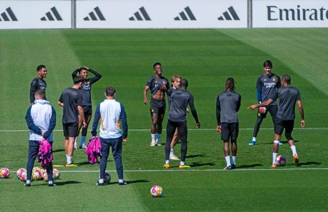 07.05.2024, Fussball UEFA Championsleague 2023 2024: 1 Tag vor dem Halbfinale, Real Madrid - FC Bayern München, Training Session Real Madrid am Trainingsgelände von Real. mit Jude Bellingham (Real Madrid), Rodrygo (Real Madrid), Vinicius Junior (Real Madrid), Luka Modric (Real Madrid),