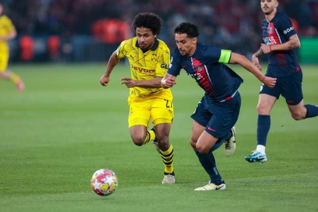 07.05.2024, Fussball, Saison 2023 2024, UEFA Champions League, Halbfinale, Paris Saint-Germain - Borussia Dortmund, v. l. Karim Adeyemi (Borussia Dortmund), Marquinhos (Paris Saint-Germain) im Duell, Paris Parc de Princes Paris Frankreich xRHR-FOTO DEx Copyright: DennisxEwert RHR-FOTOx RHR-FOTO DE