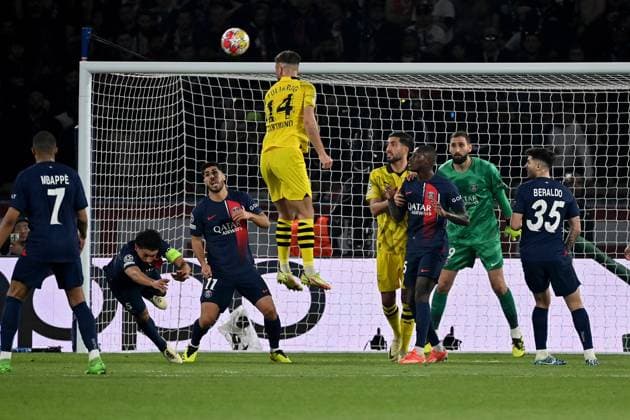 07.05.2024, xjrdrx, Fussball UEFA Champions League, Paris St.Germain - Borussia Dortmund emspor, v.l. Kylian Mbappe (PSG Paris St.Germain) Marquinhos (PSG Paris St.Germain) Marco Asensio (PSG Paris St.Germain) Niclas Füllkrug (Borussia Dortmund) Emre Can (Borussia Dortmund) Ousame Dembele (PSG Paris St.Germain) Gianluigi Donnarumma (PSG Paris St.Germain) Lucas Beraldo (PSG Paris St.Germain) (DFL DFB REGULATIONS PROHIBIT ANY USE OF PHOTOGRAPHS as IMAGE SEQUENCES and or QUASI-VIDEO) Paris