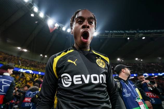 07.05.2024, Fussball, Saison 2023 2024, UEFA Champions League, Halbfinale, Paris Saint-Germain - Borussia Dortmund, Jamie Jermaine Bynoe-Gittens (Borussia Dortmund) jubelt, Paris Parc de Princes Paris Frankreich xRHR-FOTO DEx Copyright: DennisxEwert RHR-FOTOx RHR-FOTO DE