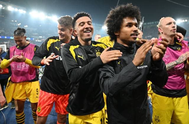 07.05.2024, xjrdrx, Fussball UEFA Champions League, Paris St.Germain - Borussia Dortmund emspor, v.l. Jaden Sancho (Borussia Dortmund), Karim Adeyemi (Borussia Dortmund) , Youssoufa Moukoko (Borussia Dortmund) (DFL DFB REGULATIONS PROHIBIT ANY USE OF PHOTOGRAPHS as IMAGE SEQUENCES and or QUASI-VIDEO) Paris