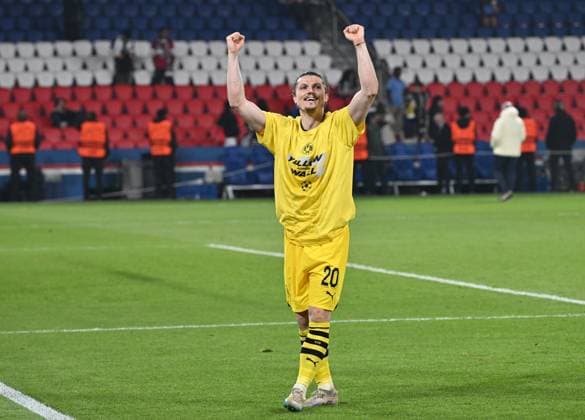 07.05.2024, xjrdrx, Fussball UEFA Champions League, Paris St.Germain - Borussia Dortmund emspor, v.l. Marcel Sabitzer (Borussia Dortmund) jubeln jubelt nach Spielende celebrate at the end of the match. (DFL DFB REGULATIONS PROHIBIT ANY USE OF PHOTOGRAPHS as IMAGE SEQUENCES and or QUASI-VIDEO) Paris