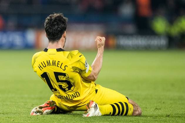 UEFA Champions League: FC Paris Saint-Germain - Borussia Dortmund; 07.05.2024 Mats Hummels (Borussia Dortmund, 15) jubelnd auf den Knien UEFA Champions League: FC Paris Saint-Germain - Borussia Dortmund , Paris, Parc des Princes Copyright: xBEAUTIFULxSPORTS Wunderlx