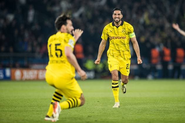 UEFA Champions League: FC Paris Saint-Germain - Borussia Dortmund; 07.05.2024 Emre Can (Borussia Dortmund, 23) rennt jubelnd auf Mats Hummels (Borussia Dortmund, 15) zu UEFA Champions League: FC Paris Saint-Germain - Borussia Dortmund , Paris, Parc des Princes Copyright: xBEAUTIFULxSPORTS Wunderlx
