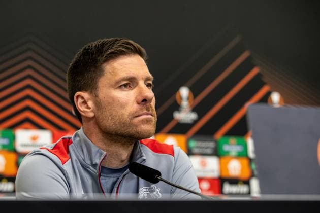 Bayer 04 Leverkusen, Pressekonferenz; 08.05.2024 Xabi Alonso (Cheftrainer, Bayer 04 Leverkusen) Bayer 04 Leverkusen, Pressekonferenz zum Spiel der UEFA Europa League: Bayer 04 Leverkusen - AS Roma; BayArena, Leverkusen; 08.05.2024 Copyright: xBEAUTIFULxSPORTS Buriakovx