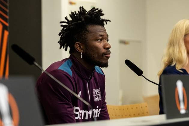 Bayer 04 Leverkusen, Pressekonferenz; 08.05.2024 Edmond Tapsoba (Bayer 04 Leverkusen, 12) Bayer 04 Leverkusen, Pressekonferenz zum Spiel der UEFA Europa League: Bayer 04 Leverkusen - AS Roma; BayArena, Leverkusen; 08.05.2024 Copyright: xBEAUTIFULxSPORTS Buriakovx