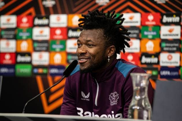 Bayer 04 Leverkusen, Pressekonferenz; 08.05.2024 Edmond Tapsoba (Bayer 04 Leverkusen, 12) Bayer 04 Leverkusen, Pressekonferenz zum Spiel der UEFA Europa League: Bayer 04 Leverkusen - AS Roma; BayArena, Leverkusen; 08.05.2024 Copyright: xBEAUTIFULxSPORTS Buriakovx