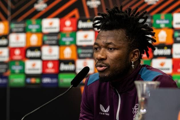 Bayer 04 Leverkusen, Pressekonferenz; 08.05.2024 Edmond Tapsoba (Bayer 04 Leverkusen, 12) Bayer 04 Leverkusen, Pressekonferenz zum Spiel der UEFA Europa League: Bayer 04 Leverkusen - AS Roma; BayArena, Leverkusen; 08.05.2024 Copyright: xBEAUTIFULxSPORTS Buriakovx