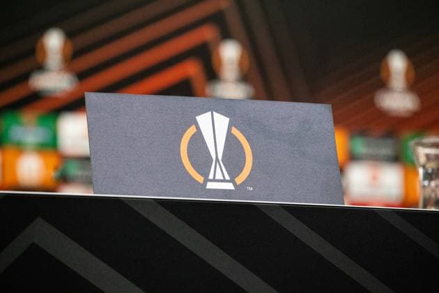 Bayer 04 Leverkusen, Pressekonferenz; 08.05.2024 Logo der UEFA Europa League auf dem Schild bei der Pressekonferenz. Bayer 04 Leverkusen, Pressekonferenz zum Spiel der UEFA Europa League: Bayer 04 Leverkusen - AS Roma; BayArena, Leverkusen; 08.05.2024 Copyright: xBEAUTIFULxSPORTS Buriakovx