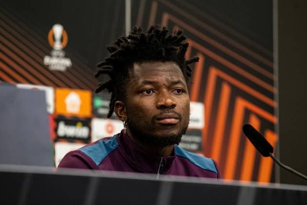 Bayer 04 Leverkusen, Pressekonferenz; 08.05.2024 Edmond Tapsoba (Bayer 04 Leverkusen, 12) Bayer 04 Leverkusen, Pressekonferenz zum Spiel der UEFA Europa League: Bayer 04 Leverkusen - AS Roma; BayArena, Leverkusen; 08.05.2024 Copyright: xBEAUTIFULxSPORTS Buriakovx